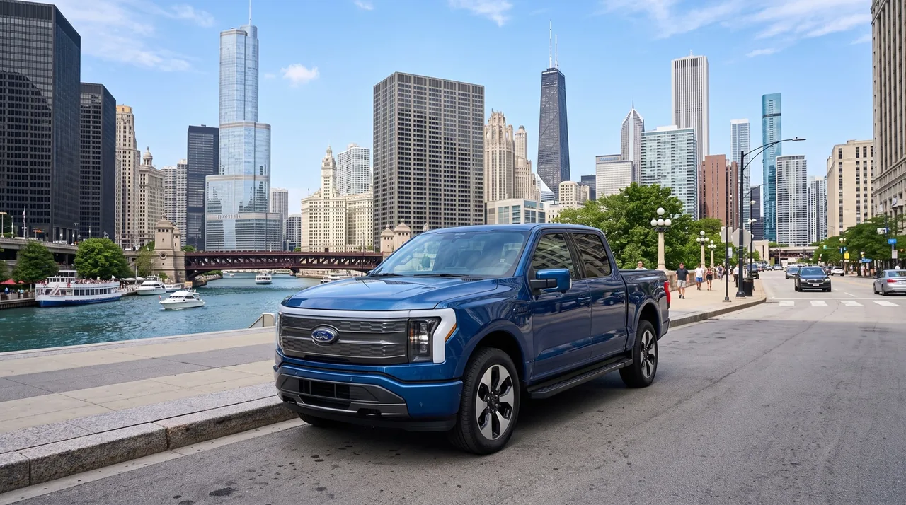 Premium pickup truck fleet in Chicago skyline